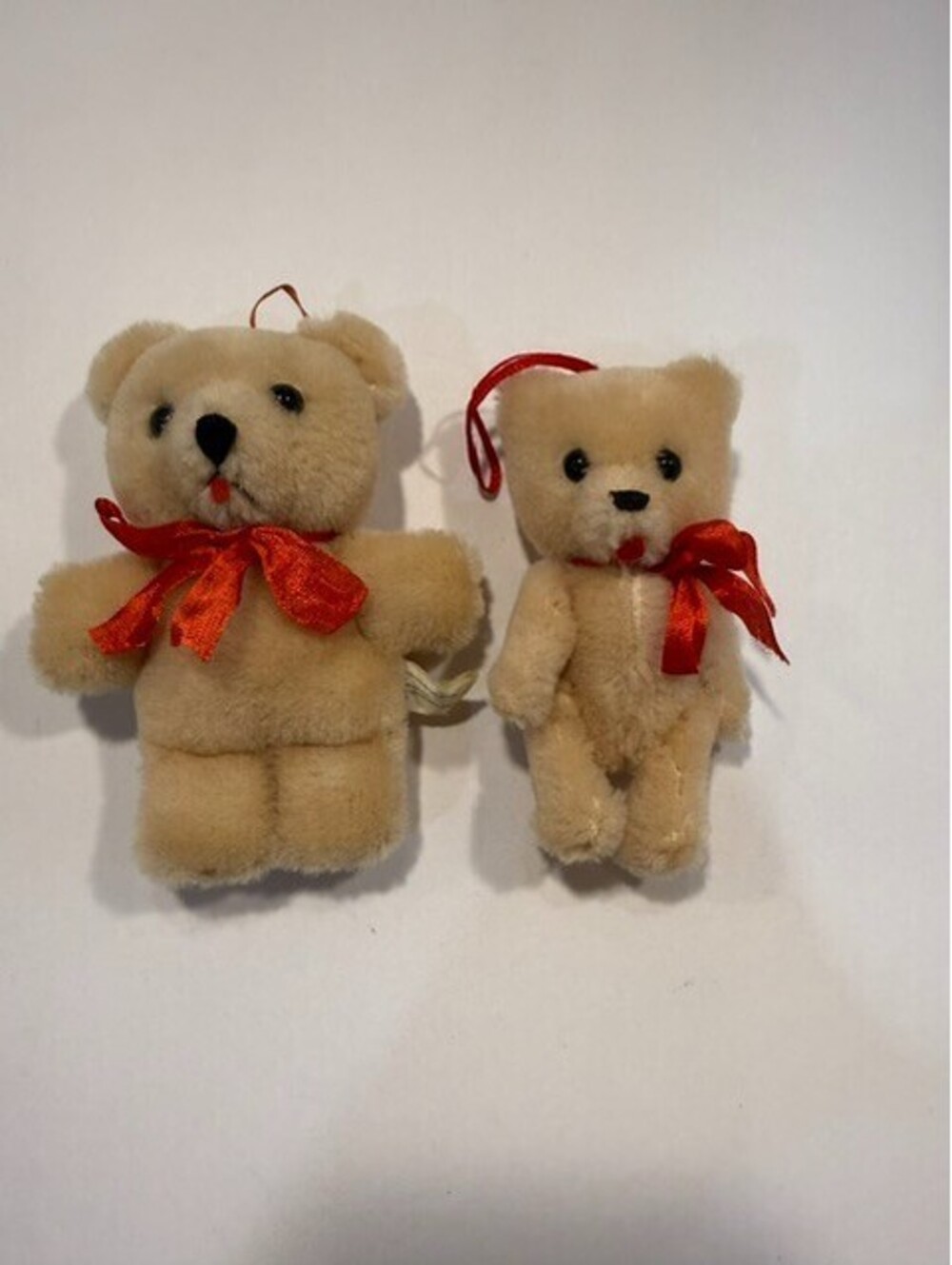 Vintage Mini Plush Teddy Bear Ornaments Lot of 2 Tan Beige Christmas Red Bows